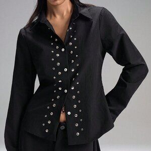 Black Casual Women's Minimalism Embellished button down Shirt